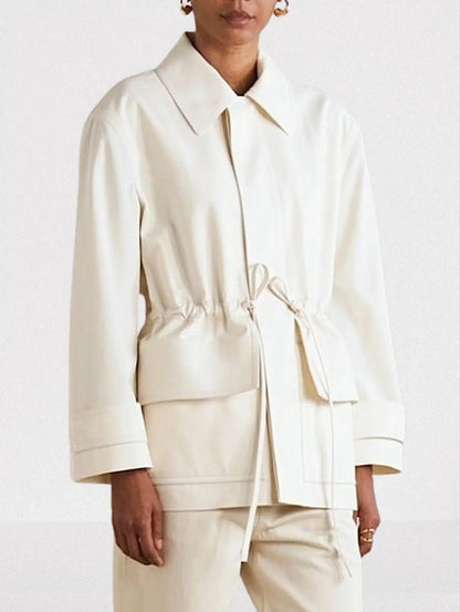 Cotton Twill Jacket with Leather Drawstrings - Jackets