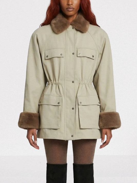 Cotton Utility Jacket with Faux-Fur Collar and Cuffs - Small - Jackets