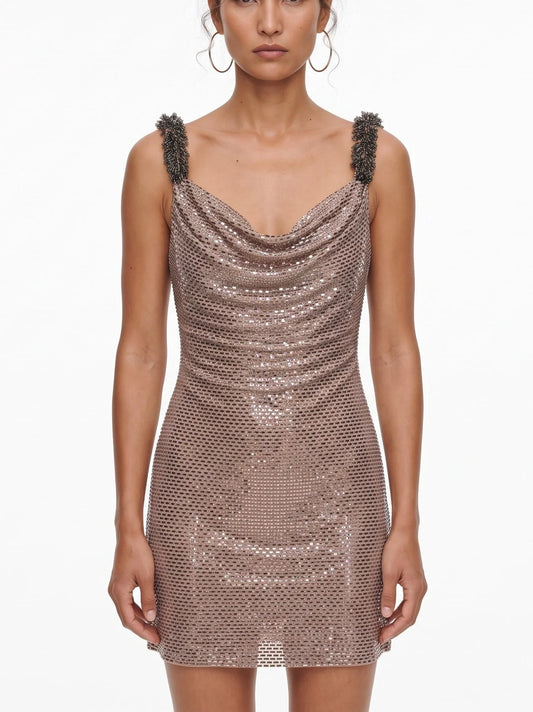 Cowl Neck Rhinestone Mini Dress with Beaded Straps - XS - Dresses