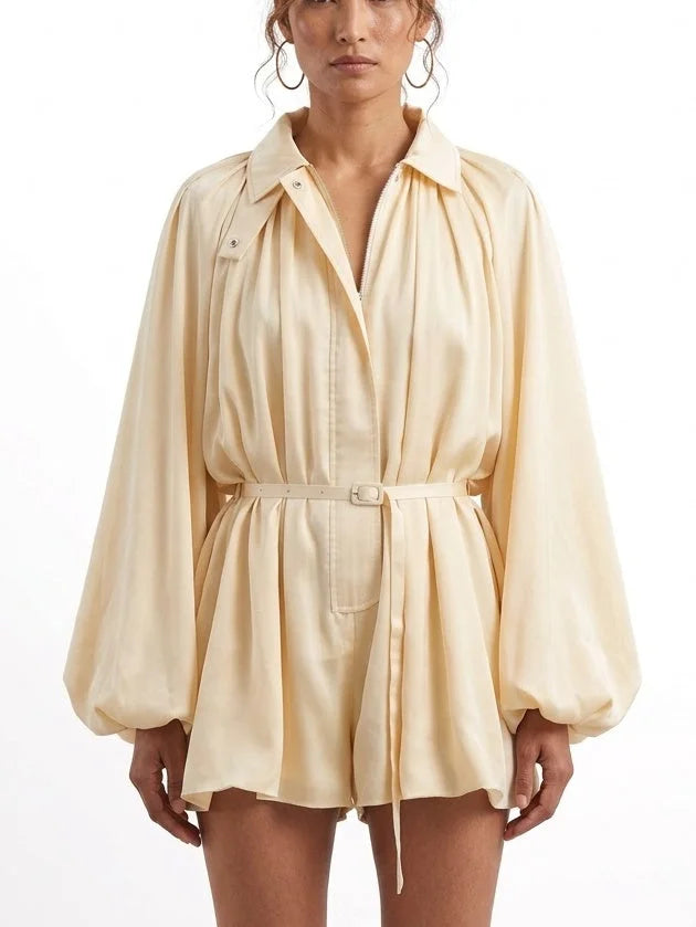 Cream Belted Romper with Balloon Sleeves - Small - Suits & Sets