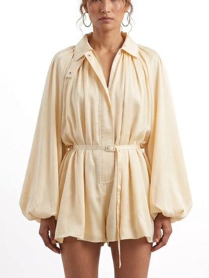 Cream Belted Romper with Balloon Sleeves - Small - Suits & Sets