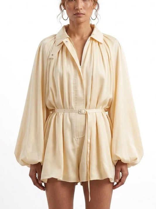 Cream Belted Romper with Balloon Sleeves - Small - Suits & Sets