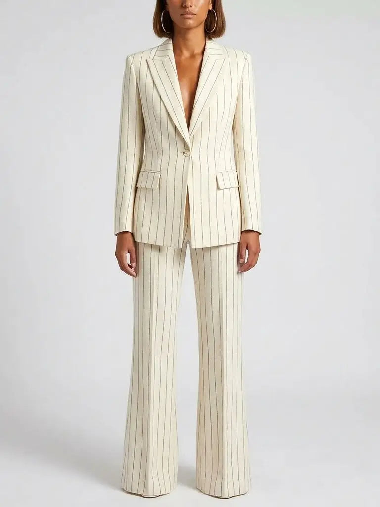 Cream Pinstripe Blazer and Pants Set - S - Suits & Sets