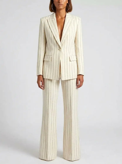 Cream Pinstripe Blazer and Pants Set - S - Suits & Sets