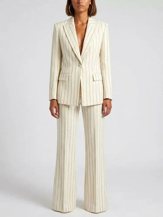 Cream Pinstripe Blazer and Pants Set - S - Suits & Sets