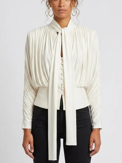 Cream Pleated Tie-Neck Draped Satin Blouse - XS - Tops