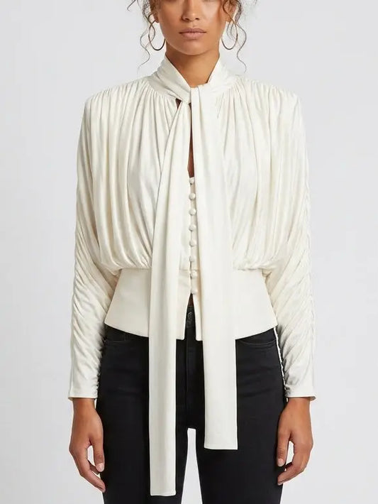 Cream Pleated Tie-Neck Draped Satin Blouse - XS - Tops
