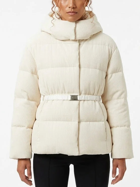 Cream Ribbed Hooded Belted Down Puffer Jacket - Small - Jackets