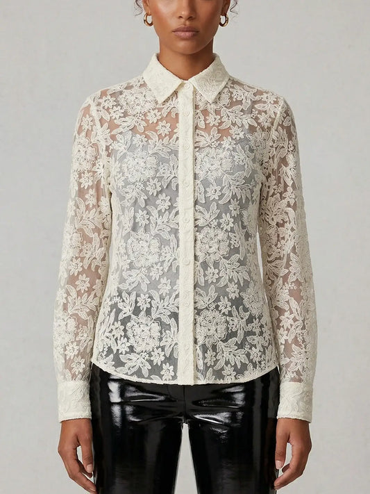 Cream Sheer Floral Lace Shirt with Silk Camisole - Small - Tops