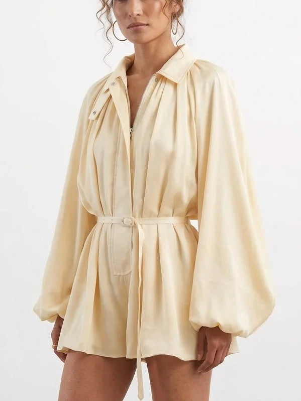 Cream Belted Romper with Balloon Sleeves - Suits & Sets