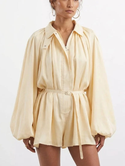 Cream Belted Romper with Balloon Sleeves - Suits & Sets