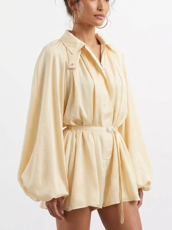 Cream Belted Romper with Balloon Sleeves - Suits & Sets