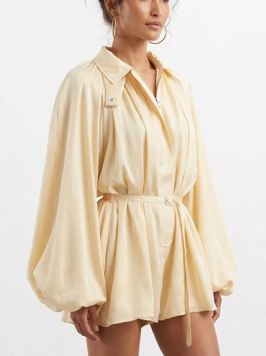 Cream Belted Romper with Balloon Sleeves - Suits & Sets