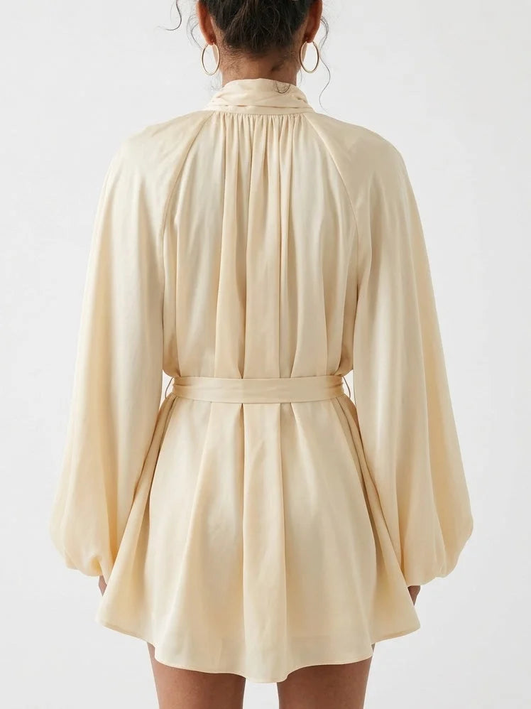 Cream Belted Romper with Balloon Sleeves - Suits & Sets