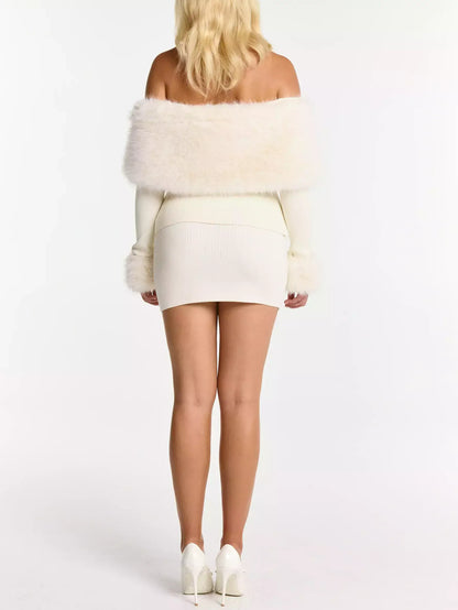 Cream Faux Fur Knit Mini Top & Skirt Set - Suits & Sets
