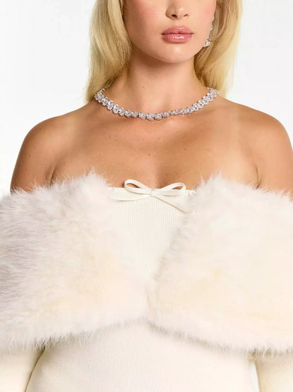 Cream Faux Fur Knit Mini Top & Skirt Set - Suits & Sets