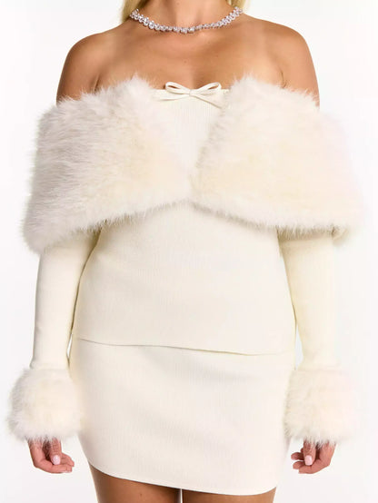Cream Faux Fur Knit Mini Top & Skirt Set - Suits & Sets