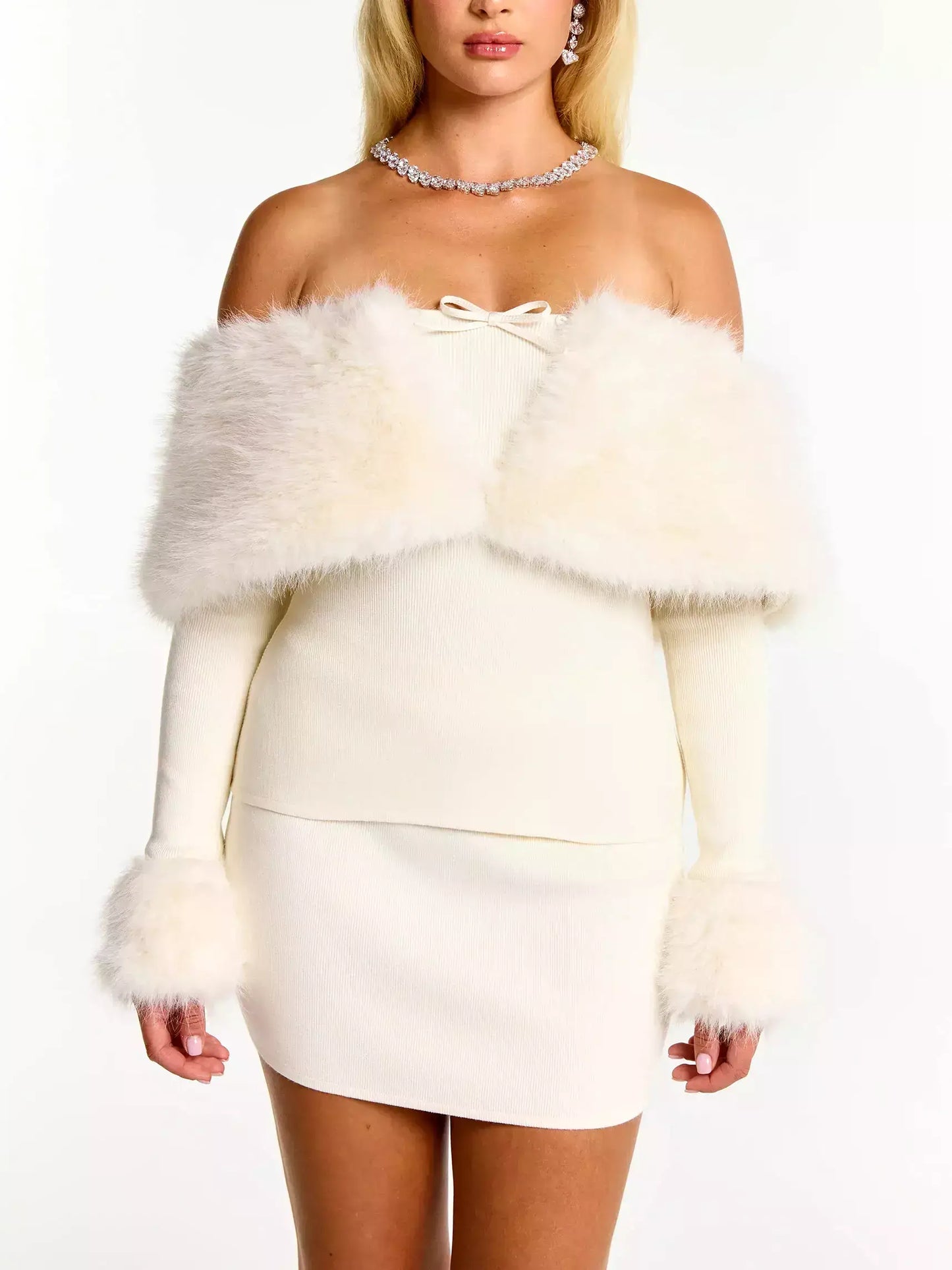 Cream Faux Fur Knit Mini Top & Skirt Set - Small - Suits & Sets