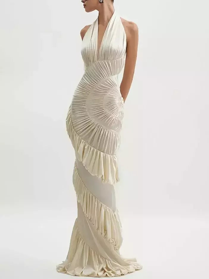 Cream Halterneck Paneled Ruched Maxi Dress Dresses