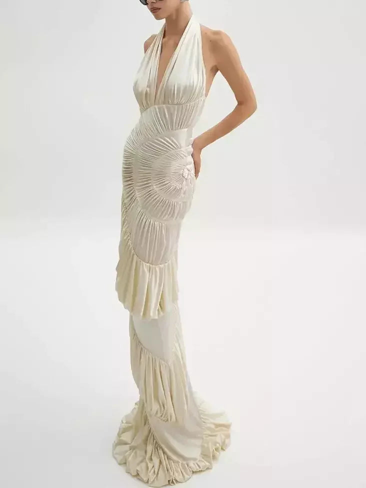 Cream Halterneck Paneled Ruched Maxi Dress Dresses
