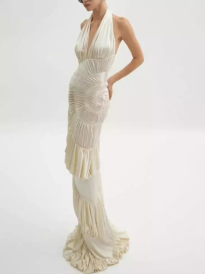 Cream Halterneck Paneled Ruched Maxi Dress Dresses