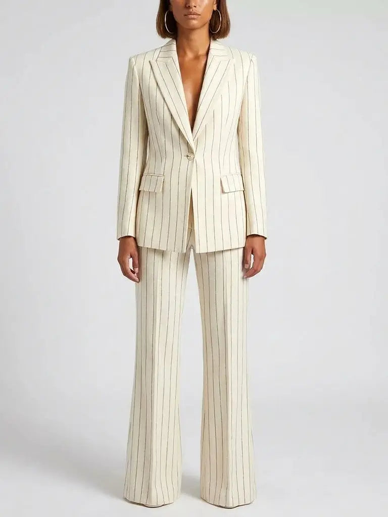 Cream Pinstripe Blazer and Pants Set - Suits & Sets
