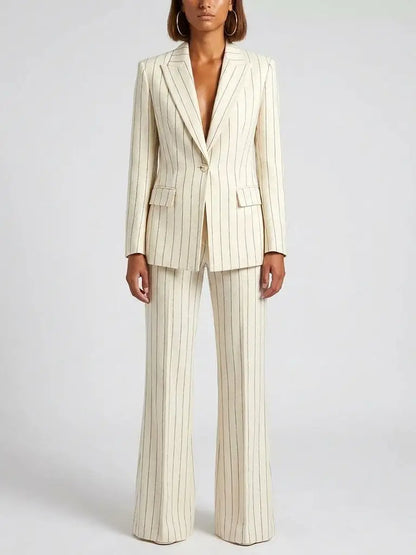 Cream Pinstripe Blazer and Pants Set - Suits & Sets