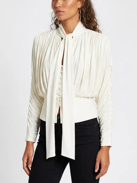 Cream Pleated Tie-Neck Draped Satin Blouse - Tops