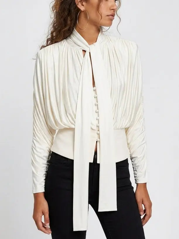 Cream Pleated Tie-Neck Draped Satin Blouse - Tops