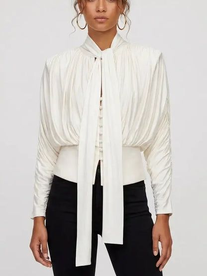 Cream Pleated Tie-Neck Draped Satin Blouse - Tops