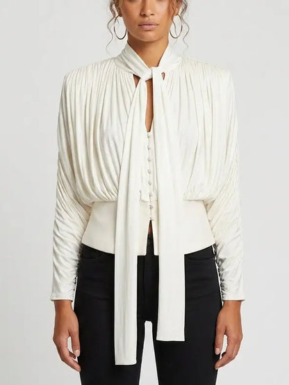 Cream Pleated Tie-Neck Draped Satin Blouse - Tops