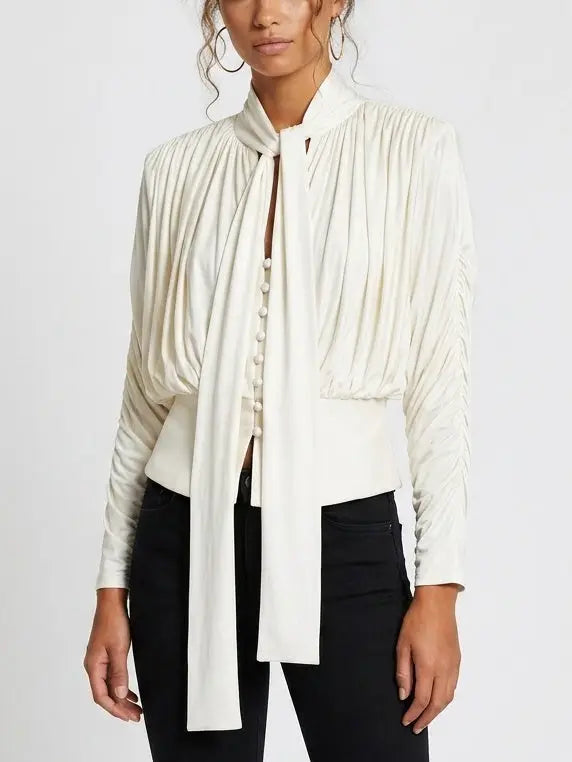 Cream Pleated Tie-Neck Draped Satin Blouse - Tops