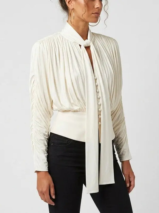 Cream Pleated Tie-Neck Draped Satin Blouse - Tops