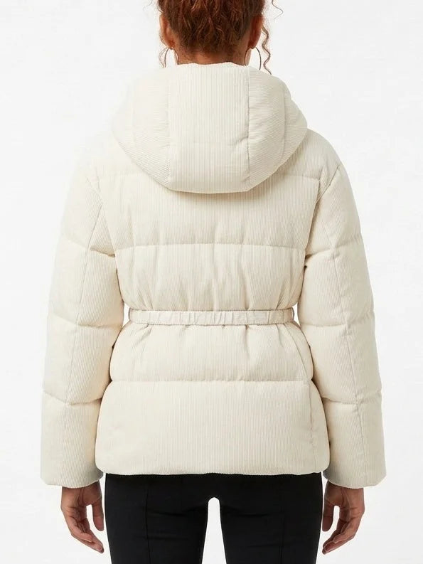 Cream Ribbed Hooded Belted Down Puffer Jacket - Jackets