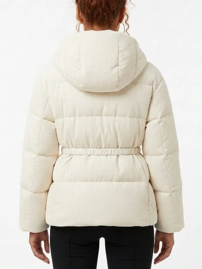 Cream Ribbed Hooded Belted Down Puffer Jacket - Jackets