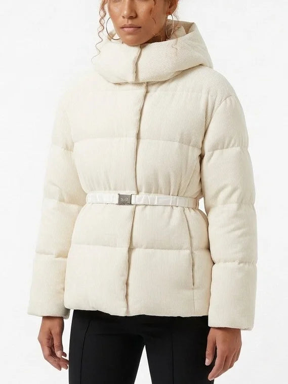 Cream Ribbed Hooded Belted Down Puffer Jacket - Jackets