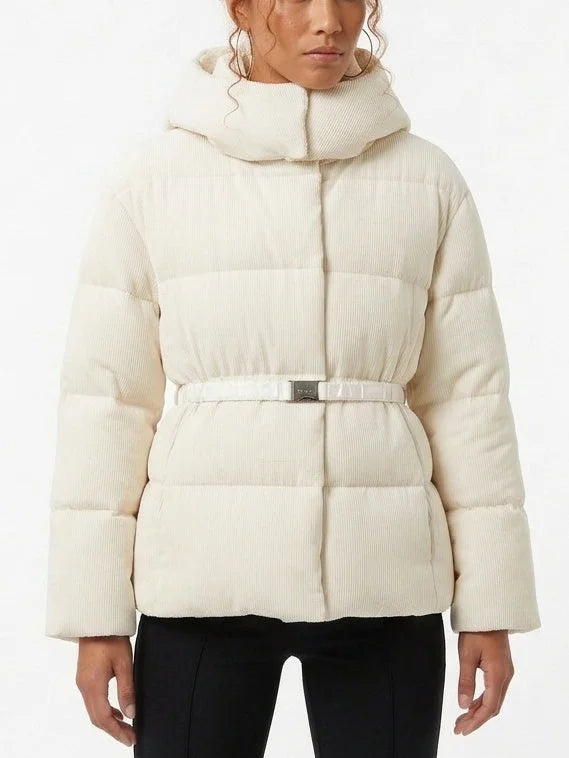 Cream Ribbed Hooded Belted Down Puffer Jacket - Jackets