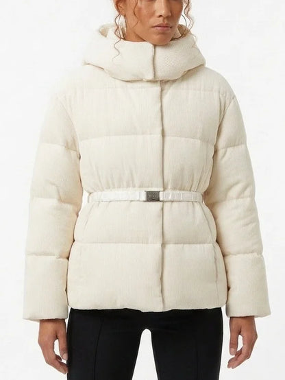 Cream Ribbed Hooded Belted Down Puffer Jacket - Jackets