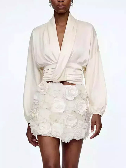 Cream Wrap Blouse & Rosette Skort Two-Piece Set - Suits & Sets