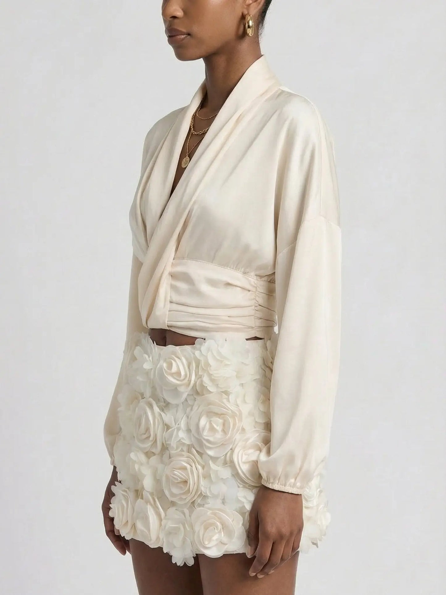 Cream Wrap Blouse & Rosette Skort Two-Piece Set - Suits & Sets