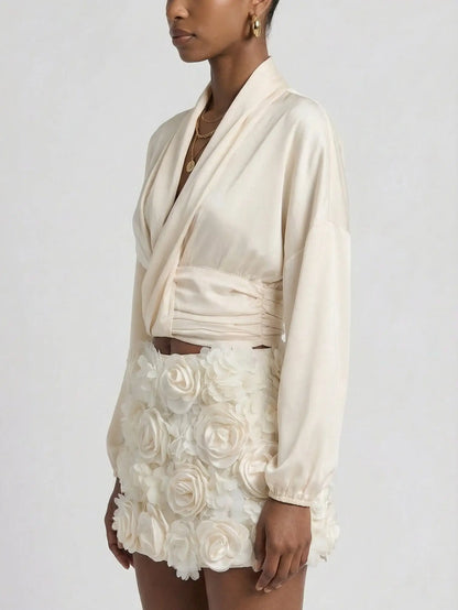 Cream Wrap Blouse & Rosette Skort Two-Piece Set - Suits & Sets