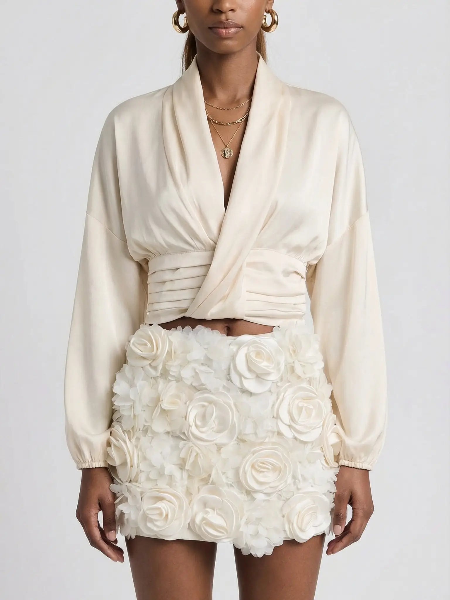 Cream Wrap Blouse & Rosette Skort Two-Piece Set - Suits & Sets
