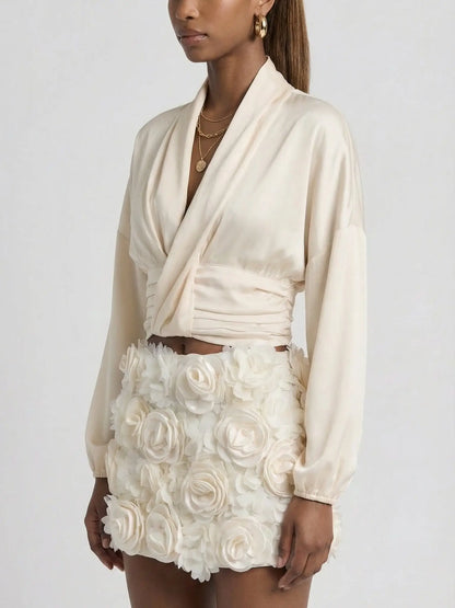 Cream Wrap Blouse & Rosette Skort Two-Piece Set - Suits & Sets