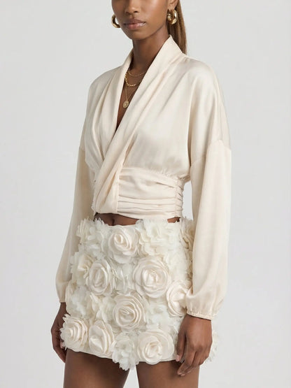 Cream Wrap Blouse & Rosette Skort Two-Piece Set - Suits & Sets