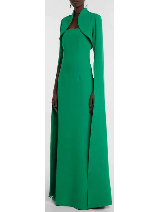 Crepe Cape Gown in Green - Branna Couture