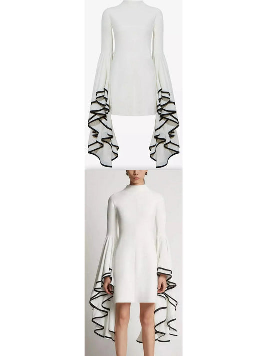 Crepe Exaggerated Sleeve Dress, White - Branna Couture