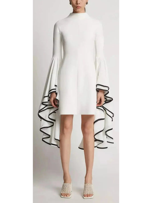 Crepe Exaggerated Sleeve Dress, White - Branna Couture