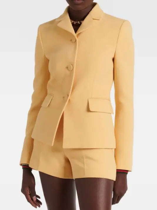 Crepe Single-Breasted Fitted Yellow Blazer Branna Couture