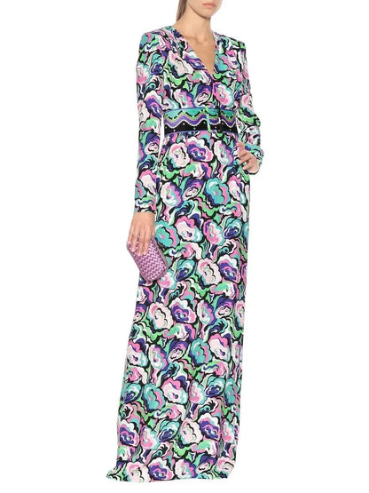 Crêpe V-Neck Multicolored Maxi Dress - Branna Couture