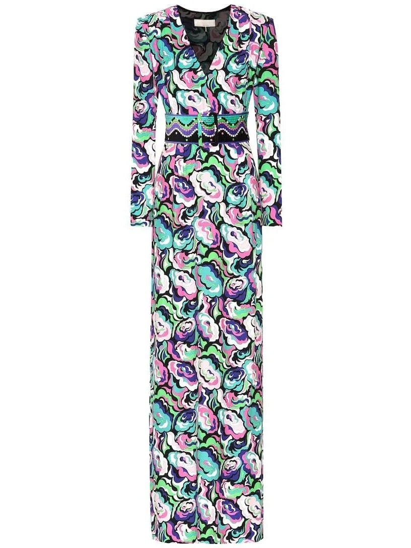 Crêpe V-Neck Multicolored Maxi Dress - Branna Couture